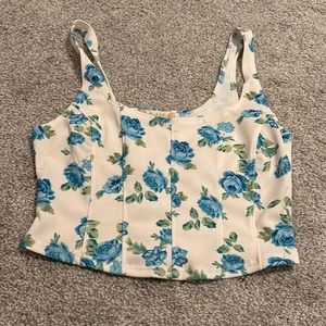 Altar’d State white crop top with blue flowers, corset style tank